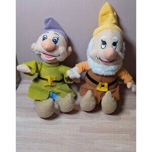 VINTAGE 1992 Disney Snow White Happy & Dopey Plush Set Toy Factory 10" Rare USED
